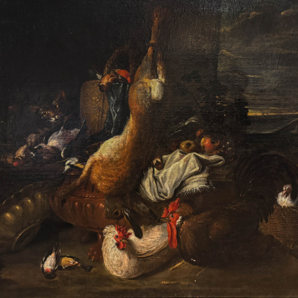 "Naturaleza muerta de liebre, gato, gallos ..."  Escuela Flamenca del siglo XIX.  Técnica: Óleo/lienzo