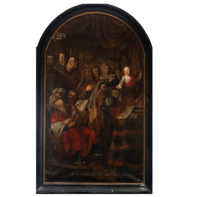 &quot;Jesús predicando a los Rabinos en el Templo&quot; Escuela Flamenca del siglo XVII.   Óleo sobre lienzo