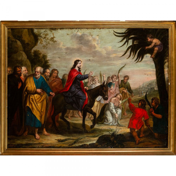 RUBENS Y TALLER (Siegen, 1577-Amberes, 1640) &quot;Entrada Triunfal de Jesús en Jerusalén&quot;.    Óleo sobre plancha de cobre.