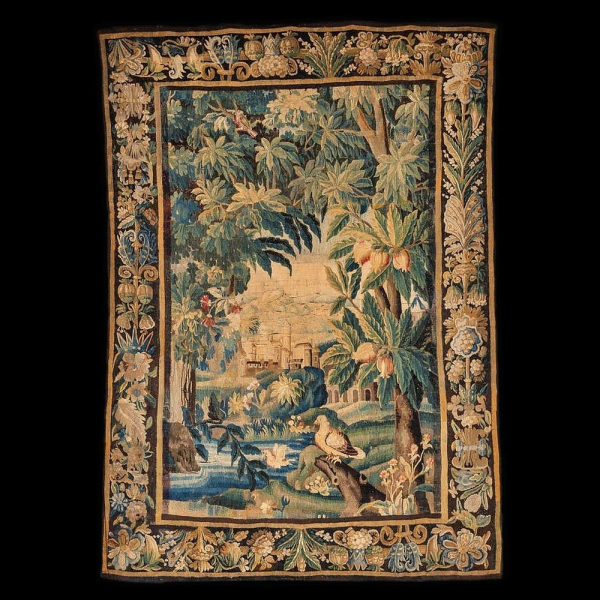 Gran Tapiz de AUBUSSON, tapiz de finales del siglo XVII que representa un castillo en un parque. Oscuro. 