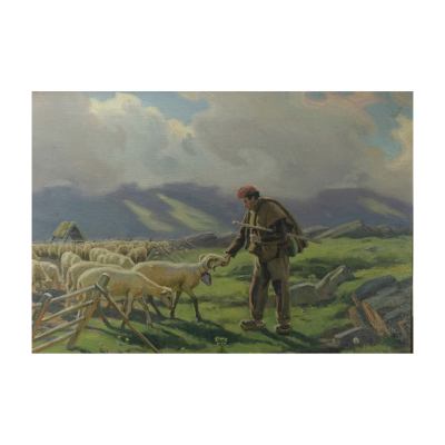 Dionís Baixeras Verdaguer (Barcelona, 1862-1943)  Pastor con ovejas.  Óleo sobre tela. Firmado. 