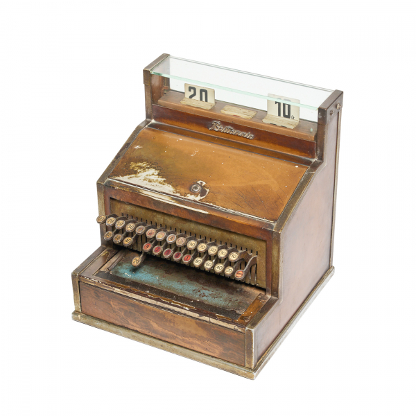 Caja registradora inglesa antigua «Britannic» en madera y metal lacado, ppios. del s.XX.
