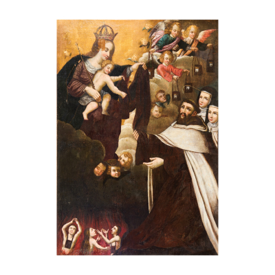 Escuela española, fles. del s.XVII-ppios. del s.XVIII. La Virgen del Carmen imponiendo el escapulario a San Simón Stock. 