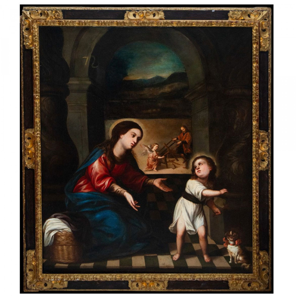 "La Virgen con el Niño y San José en el taller". Escuela Barroca Novohispana del siglo XVIII.    Óleo sobre lienzo
