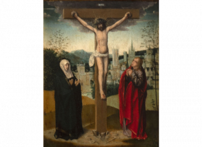 ESCUELA FLAMENCA, PRIMERA MITAD SIGLO XVI.  Cristo crucificado con la Virgen María y San Juan Bautista sobre un paisaje.   Óleo sobre tabla. 