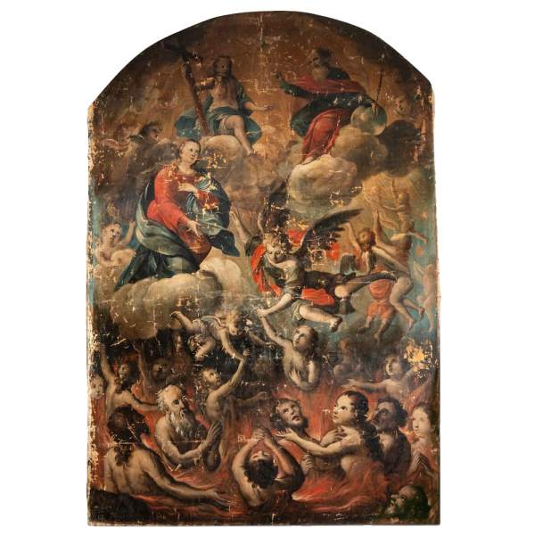 Atribuido a GREGORIO VASQUEZ DE CEBALLOS (1638&ndash;1711) Escuela Colonial Virreinal de la Nueva Granada (Colombia) S. XVII "Juicio Final con Arc&aacute;ngel San Miguel". 