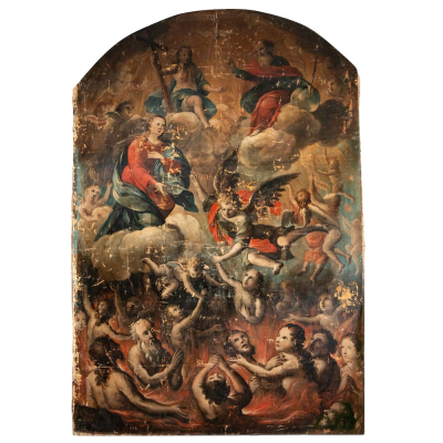 Atribuido a GREGORIO VASQUEZ DE CEBALLOS (1638&ndash;1711) Escuela Colonial Virreinal de la Nueva Granada (Colombia) S. XVII "Juicio Final con Arc&aacute;ngel San Miguel". 