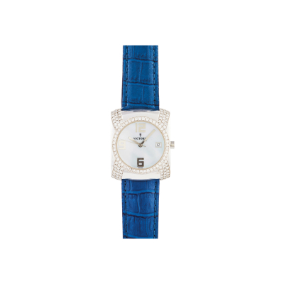 Reloj Victoria de pulsera para señora. En acero y correa de piel. Caja y bisel de diamantes talla brillante.