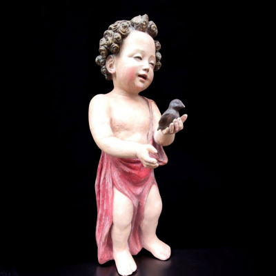 Antonio Begarelli (M&oacute;dena, 1499 &ndash; Ibidem, 1565) atribuido. "San Juan Bautista con un jilguero".   Escultura en terracota policromada.