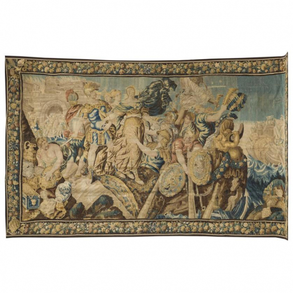 Talleres franceses S. XVIII "El rapto de Helena". Tapiz realizado en lana.