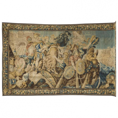 Talleres franceses S. XVIII "El rapto de Helena". Tapiz realizado en lana.