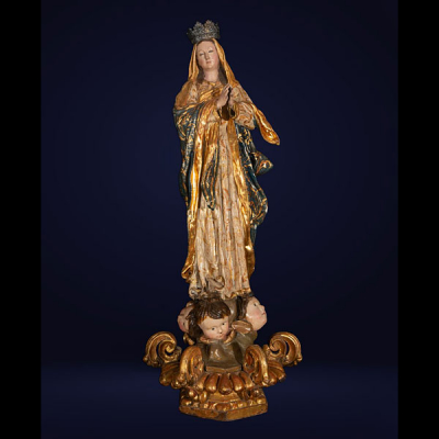 ESCUELA COLONIAL DE QUITO - CÍRCULO DE BERNARDO DE LEGARDA (1700-1773) Gran Virgen Inmaculada en Gloria.