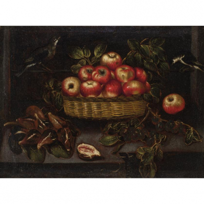 Escuela Mallorquina S. XVII.   &quot;Bodegón con higos, ciruelas y manzanas&quot;. Óleo sobre lienzo.