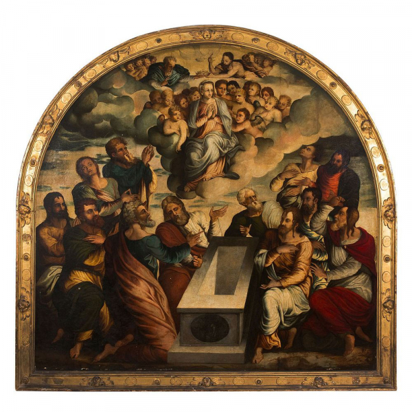 "La Ascensión de María" Escuela Manierista Española del siglo XVI.   Excepcional óleo sobre tabla en media luna. 