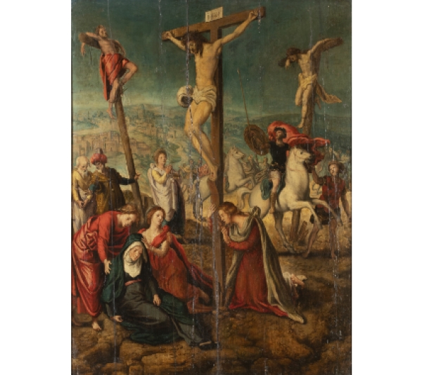 MAESTRO DE PABLO Y BARNABÁS (Escuela flamenca, siglo XVI)  Crucifixión. 