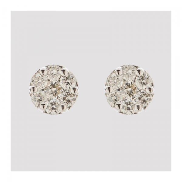 Pendientes rosetón en oro blanco con diamantes talla brillante engastados en garras.