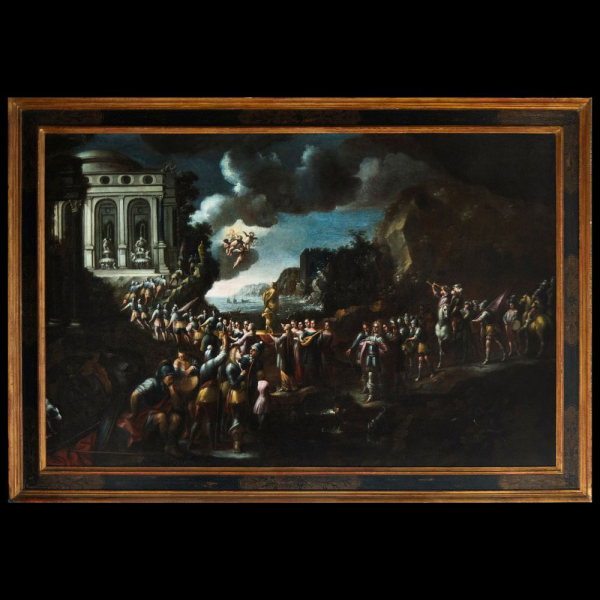 Escuela Italiana del siglo XVIII - Escena Mitológica con Adoración de una Deidad.   Óleo sobre lienzo. Dimensiones: 214 x 146 cm .