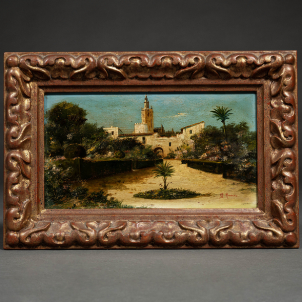 &quot;Vista de la Giralda de Sevilla desde los jardines del Alcázar&quot; Escuela Española del siglo XIX 