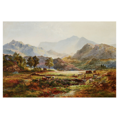Walter Williams (Inglaterra, 1834-1906) Paisaje montañoso con reses. Óleo sobre tela.