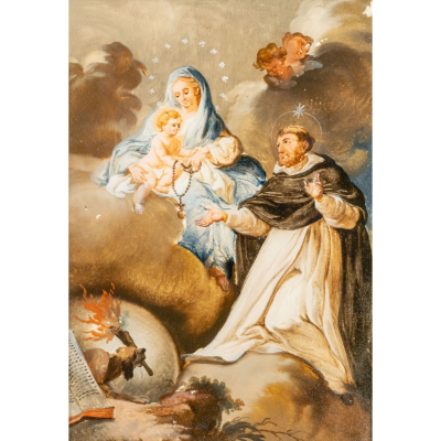 Francisco Bayeu Sub&iacute;as (Zaragoza, 1734- Madrid, 1795)  Santo Domingo recibiendo el rosario de la Virgen.  &Oacute;leo sobre cristal.