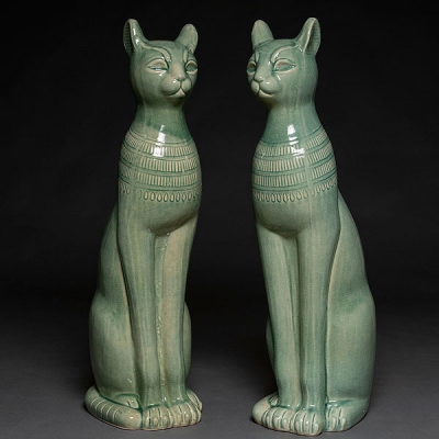 Pareja de gatos Egipcios en cerámica Italiana Vidriada