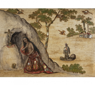ESCUELA MEXICANA, SIGLO XVII Santa María Egipciaca y el Padre Zósimo de Palestina sobre un paisaje. 