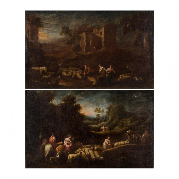 Francisco Antolínez y Sarabia (Sevilla, 1644-1700).  El regreso de Jacob a Canaán y Jacob y Raquel en el pozo.  Pareja de óleos sobre tela. 