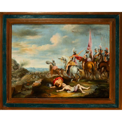 Escena de batalla clásica. Escuela barroca europea. Siglo XVII.   Óleo sobre lienzo.