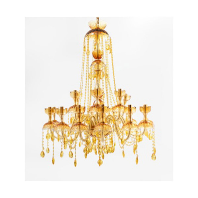 Lámpara de techo de  cristal tallado tono ámbar y lágrimas de Swarovsky en color dorado. Italamp.  S. XX