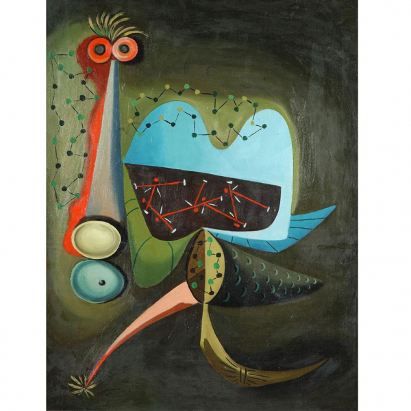 Eugenio Granell. "Pájaro estelar (1953)". Óleo sobre lienzo.   Firmado en el ángulo inferior izquierdo.