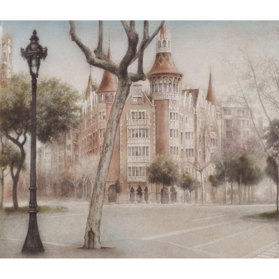 Francesc Congost Tor (Barcelona, 1959)  La Casa de les Punxes.  Pastel y l&aacute;piz sobre papel. Firmado.