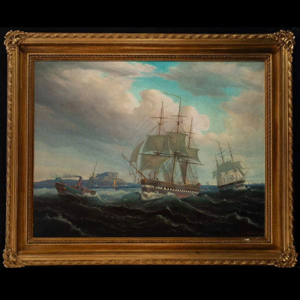 "Fragatas frente a las ruinas del castillo de Borgholm", firmado y fechado Alfred Wiström 1865, Escuela Sueca del siglo XIX.   Óleo sobre lienzo