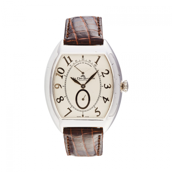VAN DER BAUWEDE. Reloj de pulsera para caballero. En acero y correa de piel. Esfera argenté con numeración arábiga.