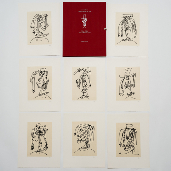 &quot;Frauen-Portraits mit hut &quot; C. 1990.  ANTONIO SAURA (Huesca, 1930-1998)    Carpeta de ocho grabados firmados y numerados a lápiz. 