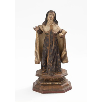 Talla  &quot;Santa Teresa de Jesús&quot; con base octogonal policromado y falso mármol. España. S. XVIII