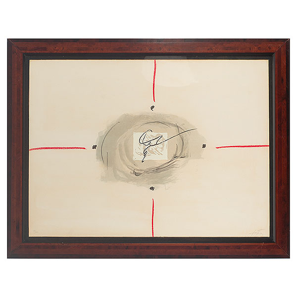Antoni Tàpies (Barcelona, 1923-2012)   Nocturn matinal V.   Litografía sobre papel vitela Guarro iluminada a mano con barra conté roja. Firmada y numerada 98/100 a lápiz. 
