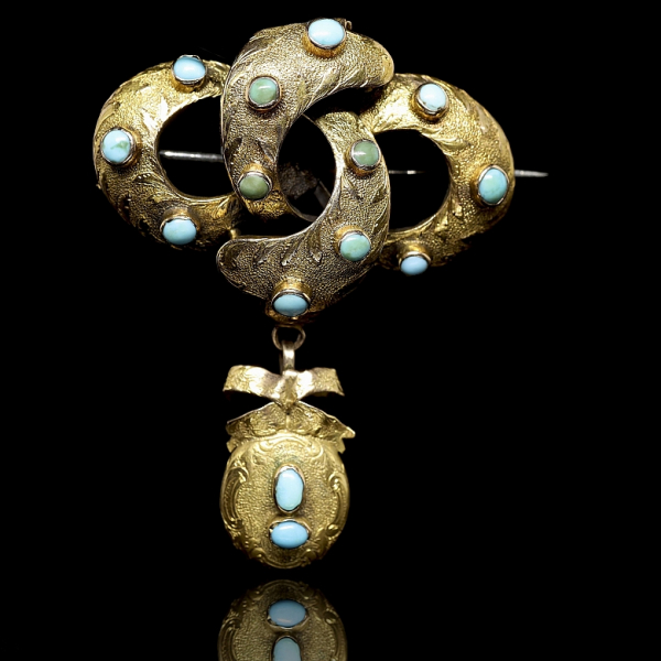 Broche victoriano de oro amarillo 15 K con turquesas, s.XIX.