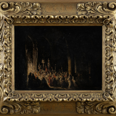 &quot;Procesión&quot;.  Atribuido a Eugenio Lucas Velázquez (Madrid, 1817-1970).   Técnica: Óleo/Tabla