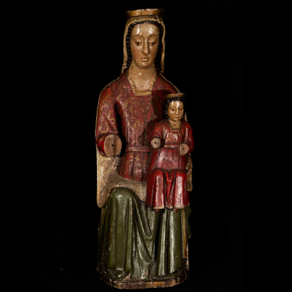 Escultura románica de Virgen entronizada con el Niño, escuela italiana toscana o lombarda, hacia el siglo XIII.