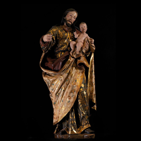 "Gran San Jos&eacute; con Ni&ntilde;o en talla" Trabajo colonial Novohispano de finales del siglo XVII. 