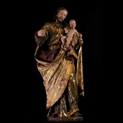"Gran San Jos&eacute; con Ni&ntilde;o en talla" Trabajo colonial Novohispano de finales del siglo XVII. 