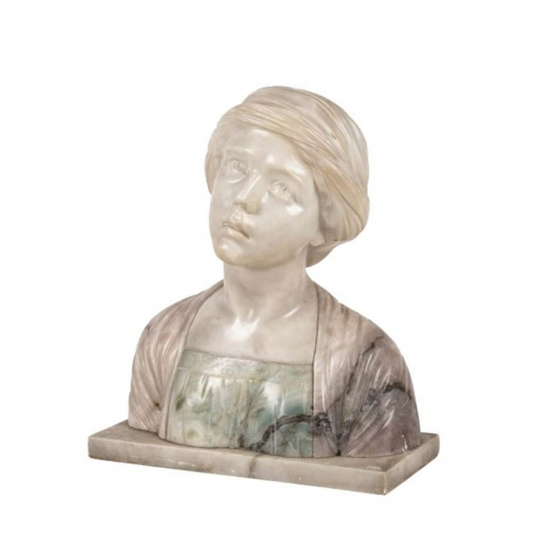 Escuela Italiana S. XIX   "Busto femenino". Busto femenino en alabastro y alabastro de Volterra tallado y pulido.