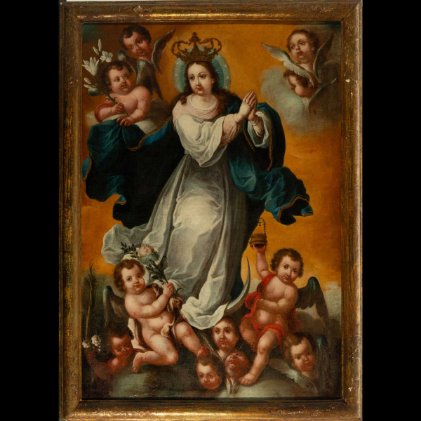 Importante Gran Virgen Inmaculada Rodeada de Ángeles Novohispana, trabajo colonial mexicano de finales del siglo XVII.