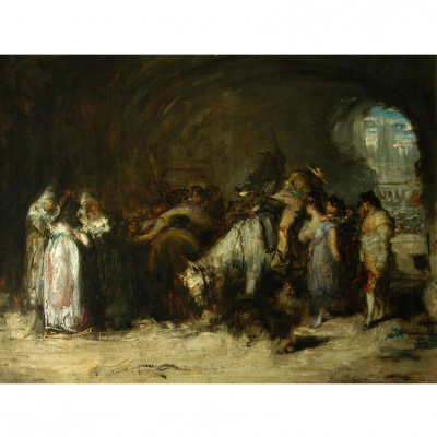 Ignacio Pinazo Camarlench. "En el patio de caballos". &Oacute;leo sobre lienzo.