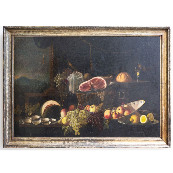 Andrea Benedetti (&iquest;Parma o M&oacute;dena?, c. 1615 &ndash; c. 1660) Atribuido "Naturaleza muerta con carne, lim&oacute;n y uvas".  &Oacute;leo sobre lienzo.