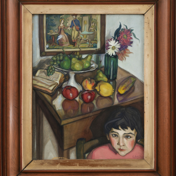 &quot;Bodegón de frutas y flores con niña&quot;  CARLOS LANDI SORONDO (Tolosa, 1896 - San Sebastián, 1974) 