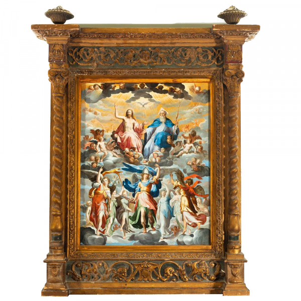 "Arc&aacute;ngel San Miguel Rodeado de &Aacute;ngeles frente a Dios Padre, Jesucristo y el Esp&iacute;ritu Santo" a la manera de Bernardo Bitti, posiblemente Escuela Colonial Peruana, siglo XVII.  