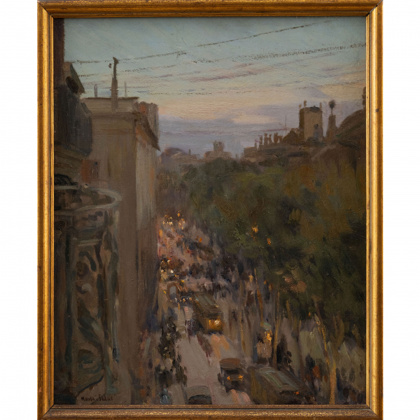 "Vista de las Ramblas de Barcelona".  MANUEL MENSA Y SALAS (1855-1929) 