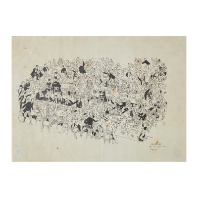 Ricardo Opisso i Sala (Tarragona, 1880-1966) Comensales. Tinta sobre papel. Firmado y dedicado a Juan Baixas.