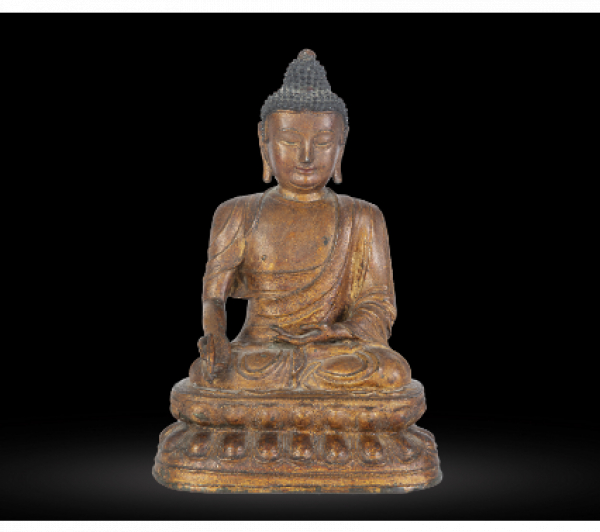 Buda sentado. Bronce lacado y policromado. China, S. XVII - XVIII.